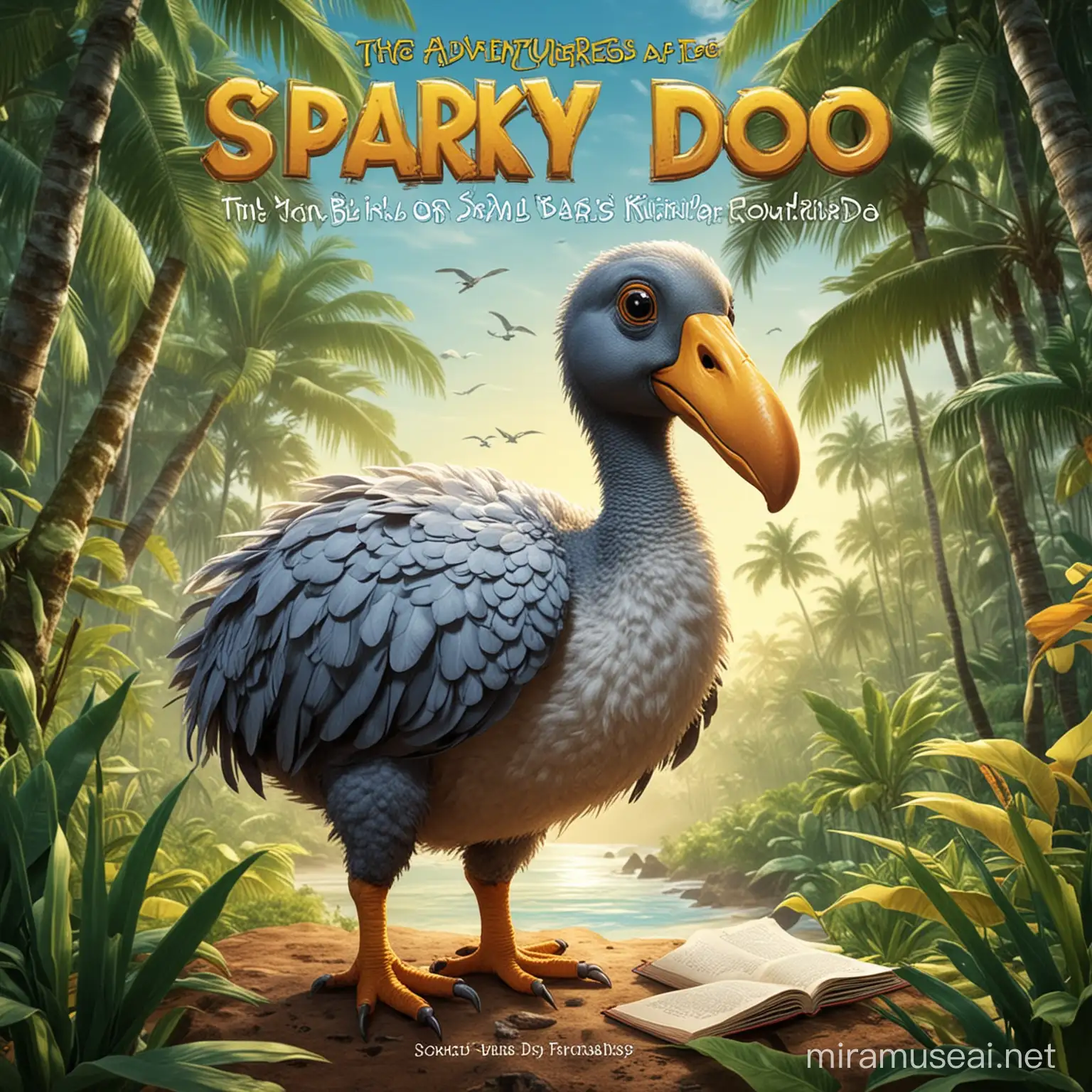 Generate ulustrate  book cover 8,5 x 8,5 cm
Title: The Adventures of Sparky the Dodo Bird of Mauritius

Author Yvan Baya
