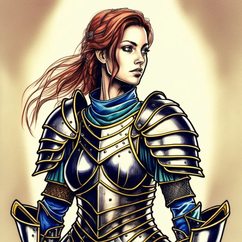 female in plate armor in color pencil style