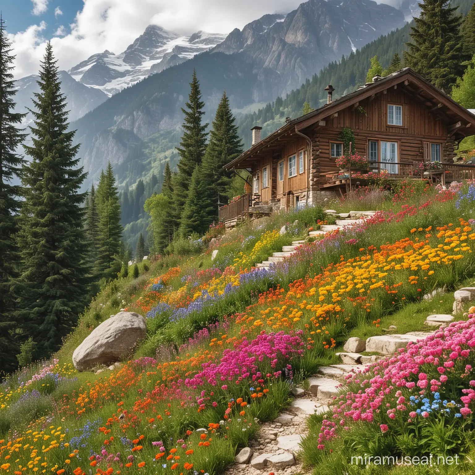 Scenic Rural House Surrounded by Colorful Flowers and Snowy Mountains