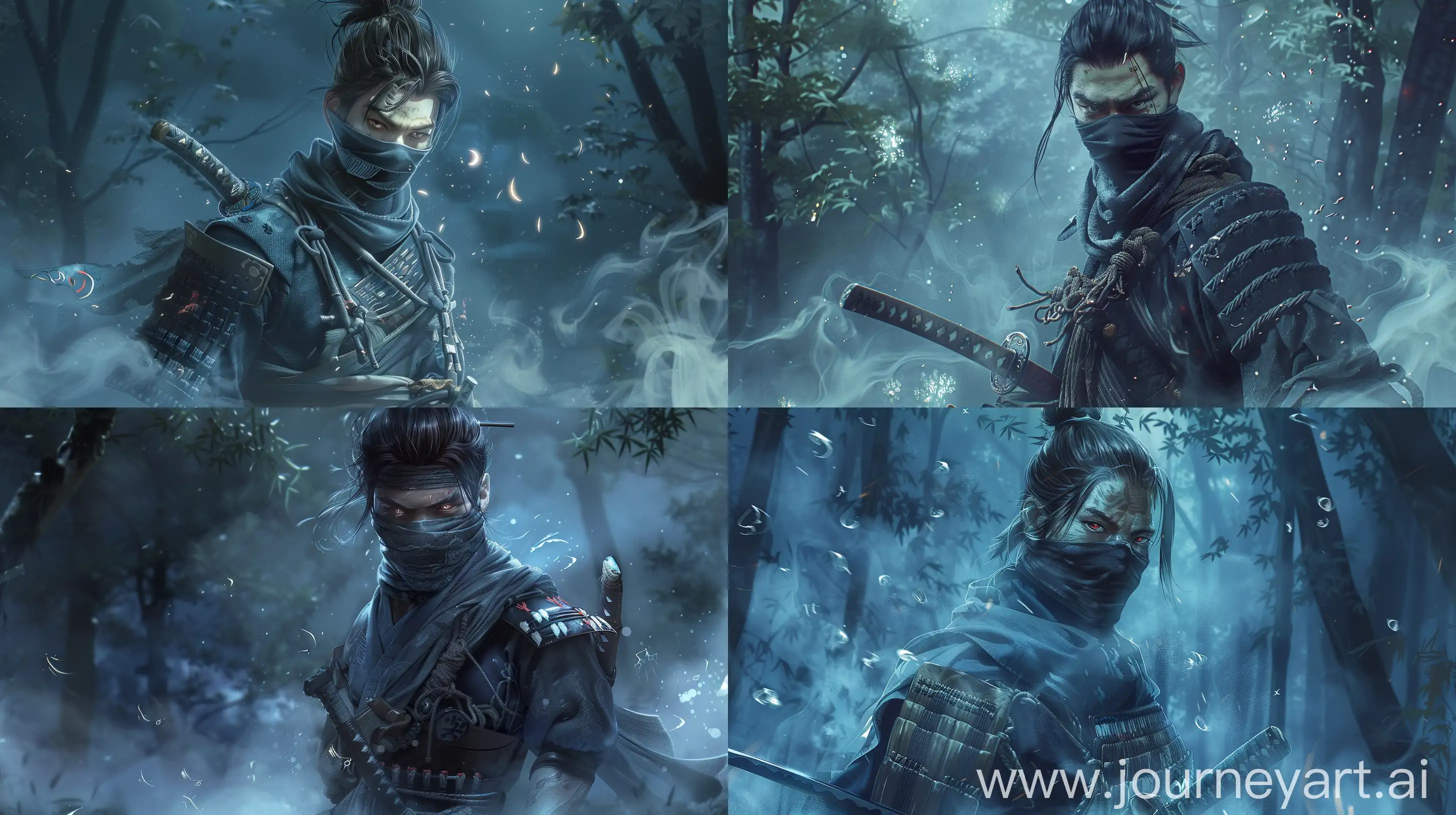 2D graphics anime A stealthy and enigmatic ninja warrior, Hattori Hanzo, from the Sengoku era of Japan, standing in a misty, moonlit forest. He is dressed in traditional dark ninja attire with a fitted shozoku, a cloth mask covering the lower half of his face, and a chonmage hairstyle. His intense eyes are visible, sharp and calculating. He holds a katana with a beautifully detailed hilt, the blade partially unsheathed, reflecting the moonlight. Shuriken and kunai are strapped across his chest, ready to be thrown. The atmosphere is mystical, with faint glowing runes dissipating in the smoke around him. The forest is dense with shadows that seem to move and whisper, suggesting his connection to the shadows and his supernatural speed. The color palette is dominated by dark blues and blacks, with accents of silver and subtle hints of red from his clan's kamon on his outfit. The style is a blend of realistic and anime, capturing the essence of a legendary ninja with a touch of the fantastical elements of the Fate series. --v 6 --ar 16:9 --q 2