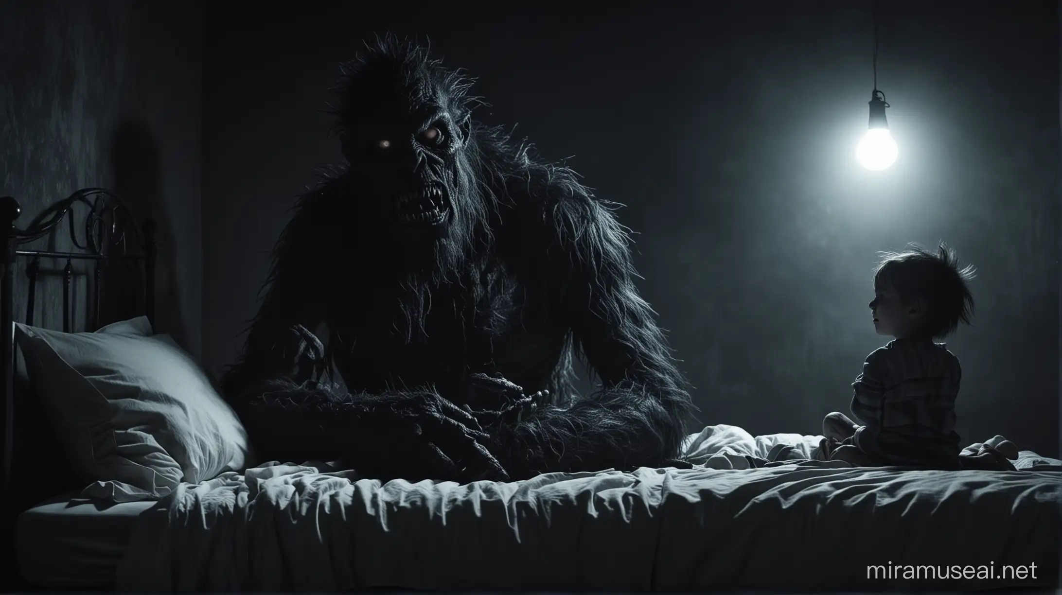 Sinister Monster Engages in Dark Conversation with Child on Bed