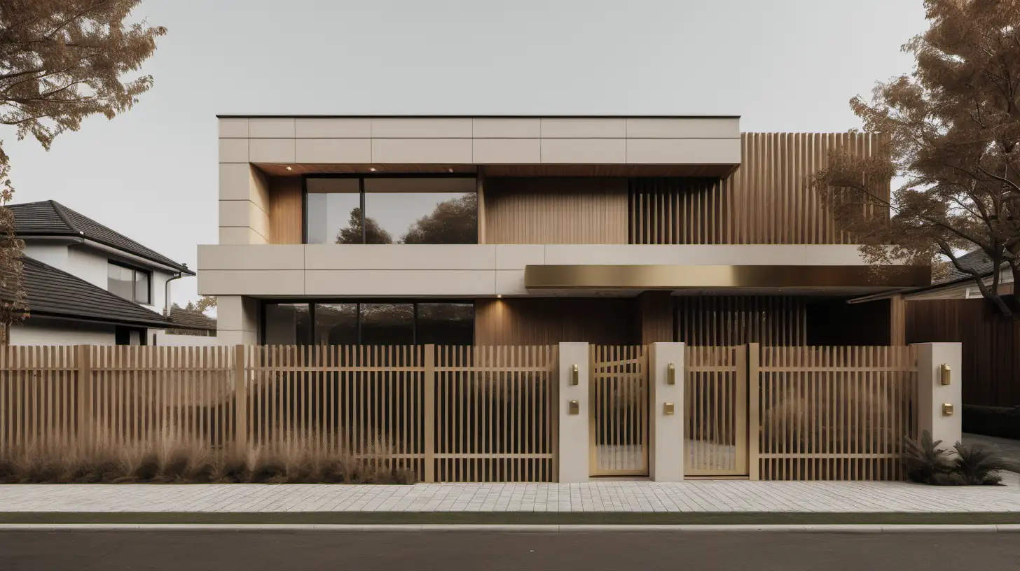 Grand minimalist home exterior and fence; beige; oak; brass colour palette;
