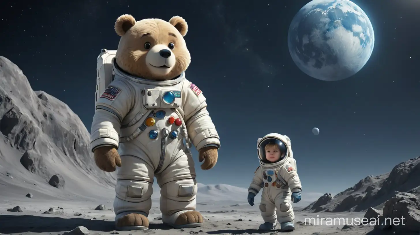 Мальчик и большой игрушечный медведь стоят на луне в скафандрах на возвышенности и смотрят на землю