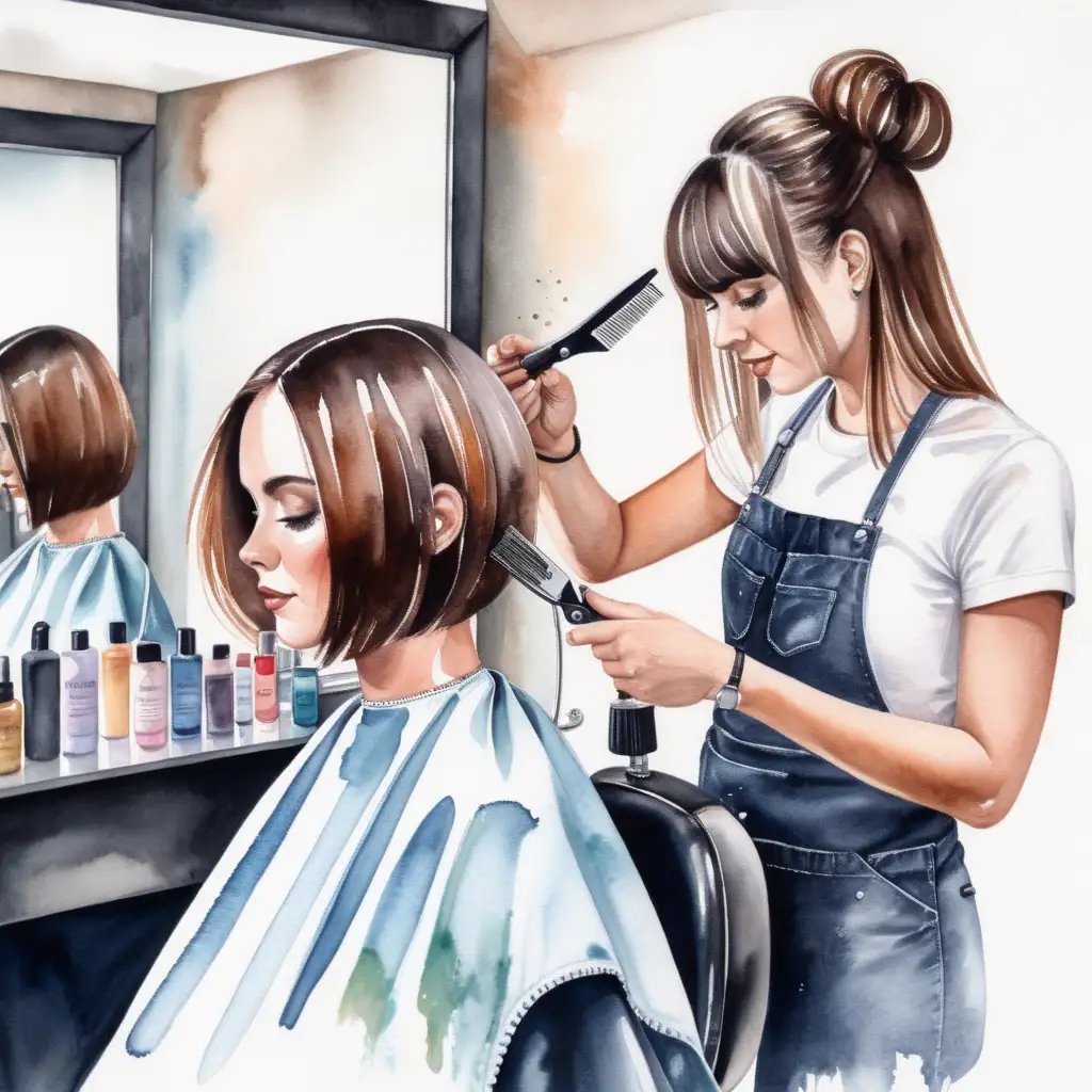 En hårfrisörka som klipper en kvinnas har, man ser det i spegeln , med vattenfärg 
