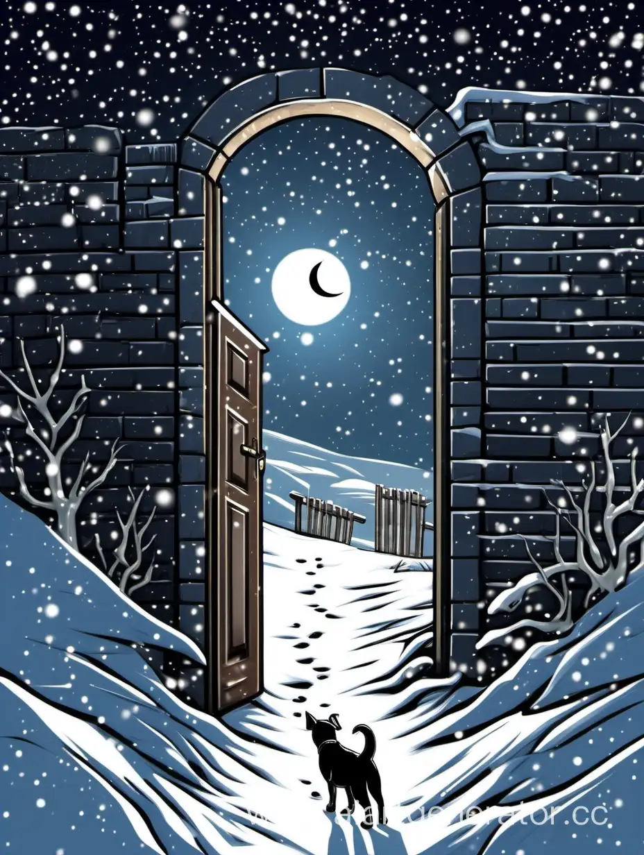 след собаки на снегу у таинственной дверки  на фоне луны и городского оврага