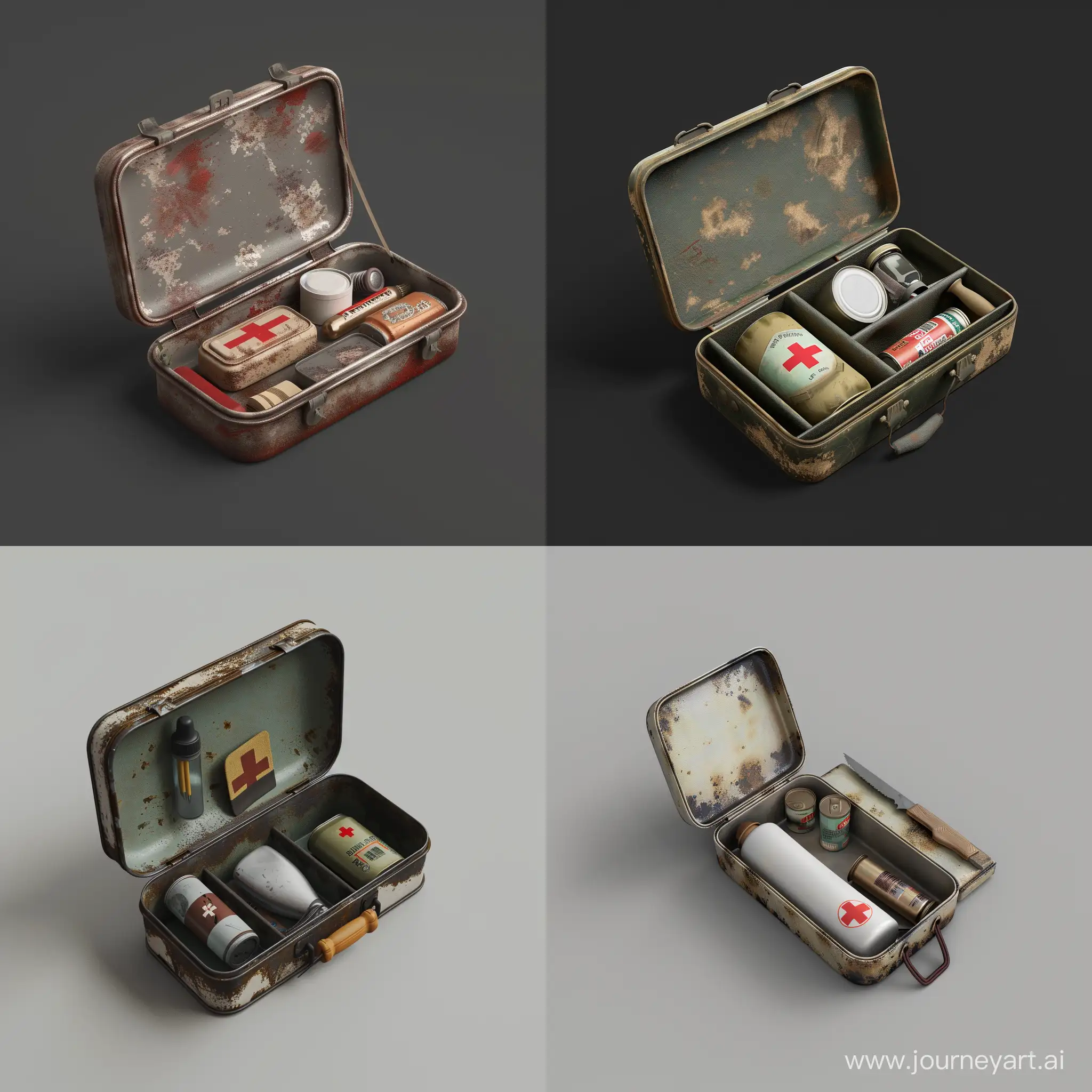 isometric realistic mini very small simple opened survival kit in realistic worn simple oblong metal case, 3d render, stalker style, less details, hunting first aid, hygiene, canned