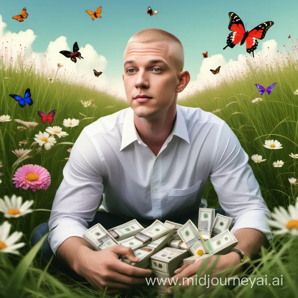 a white man with a blonde buzz cut in a field of grass with flowers, butterflies, and big stacks of money