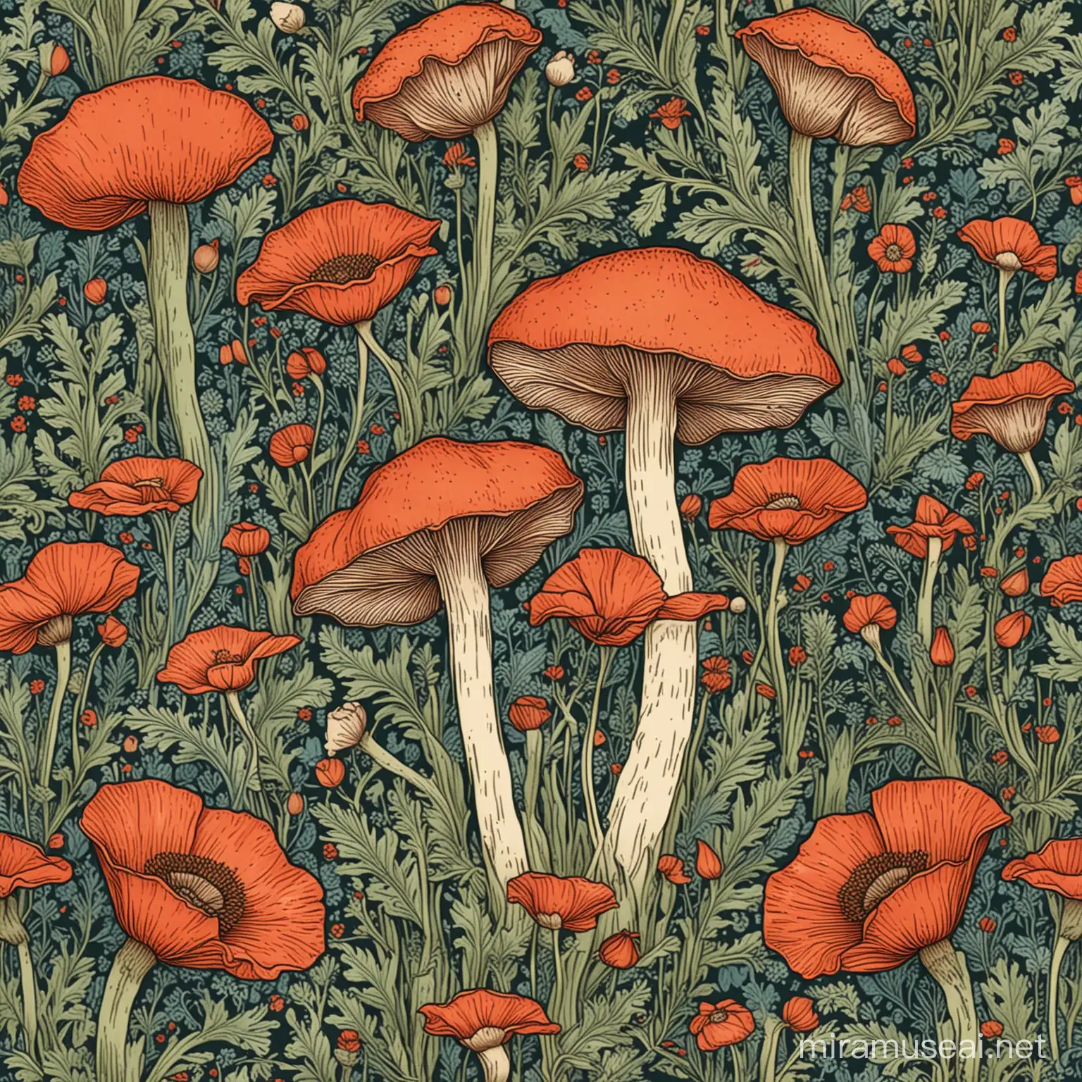 mushroom and poppies illustration in the style of william morris