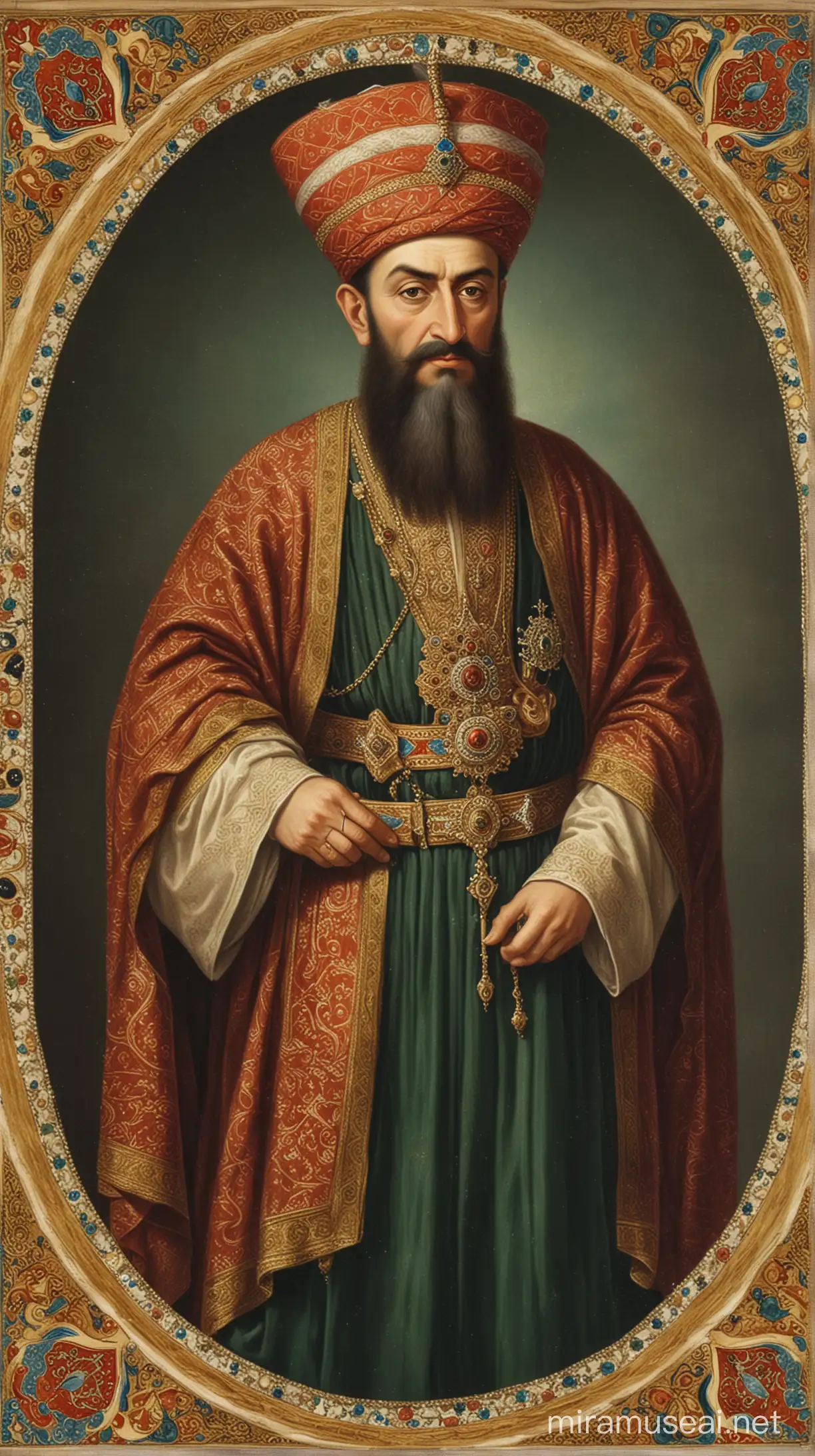 A portrait of the statesman depicted as the grand vizier in an Ottoman miniature from the era of Murad IV.