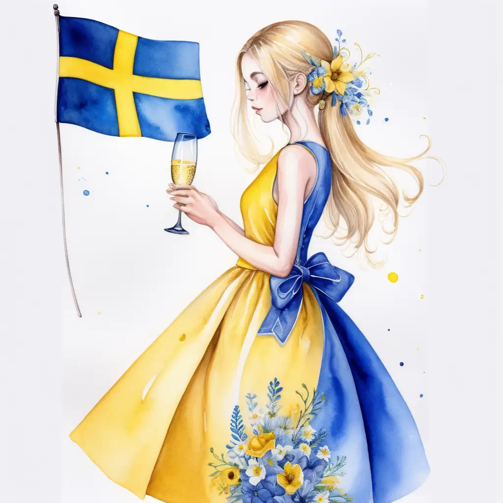 En tjej som har en fin klänning, champangeglas, blommor I gult och blått , en svensk flagga , I vattenfärg