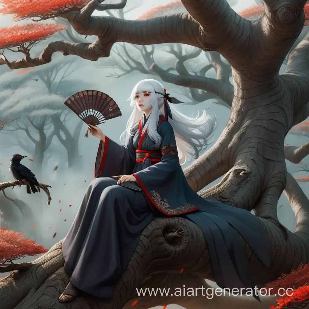 Беловолосая ведьма, сидит на огромном дереве, красные глаза, густой загадочный лес, ведьма с веером, в средневековой корейской одежде, веер в руке