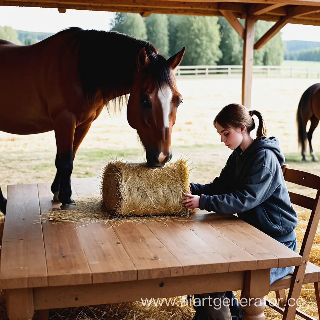 Equestrian-Feeding-Time-Person-with-Horse-at-HayCovered-Table