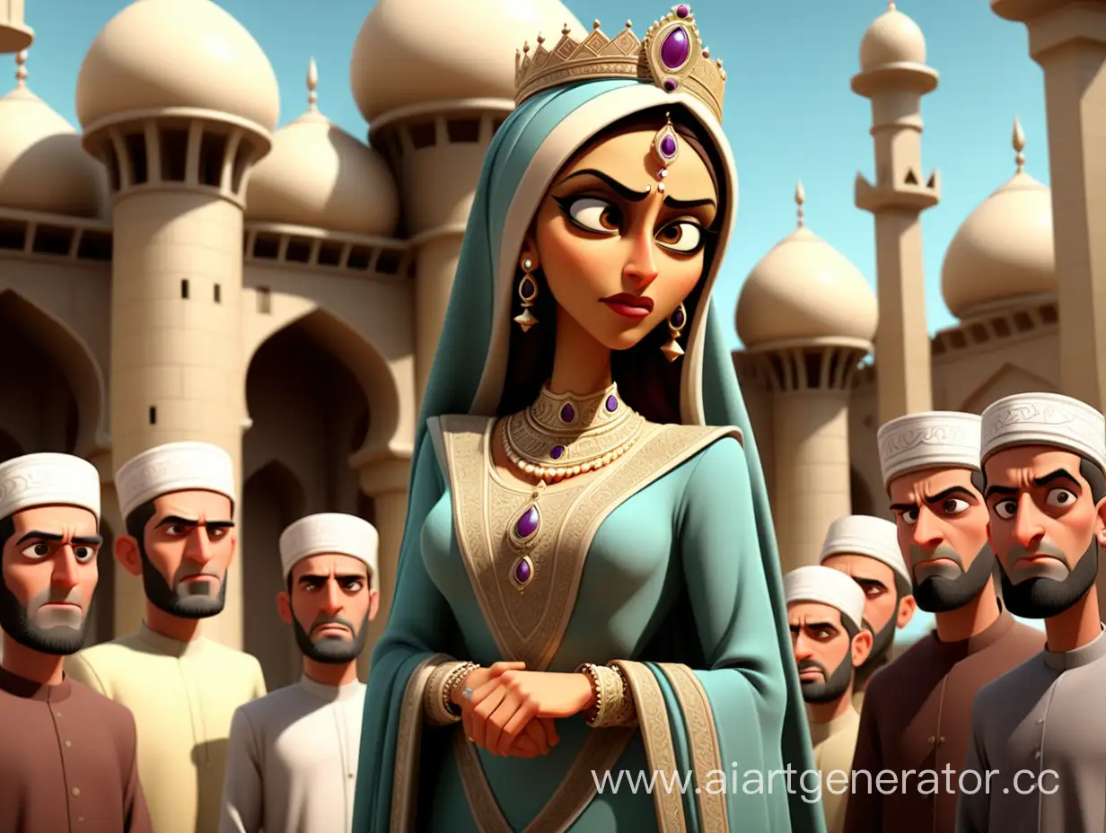 cartoon style, 8k, But Zarina's stepmother, Muslim Queen Huma, standing, was jealous of her.
