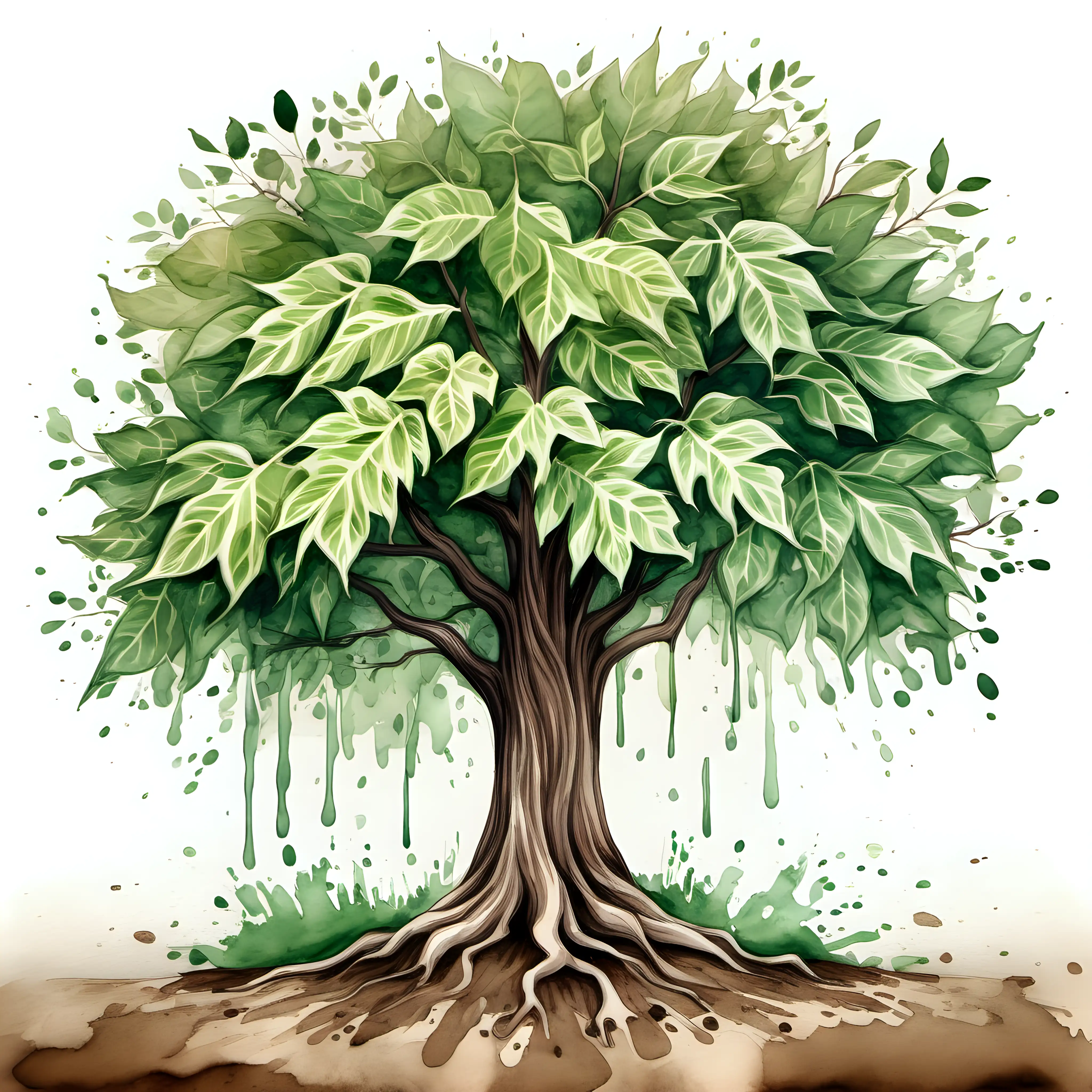an image of watercolored tree with green heavy leaves on,  brown ground,beautiful art