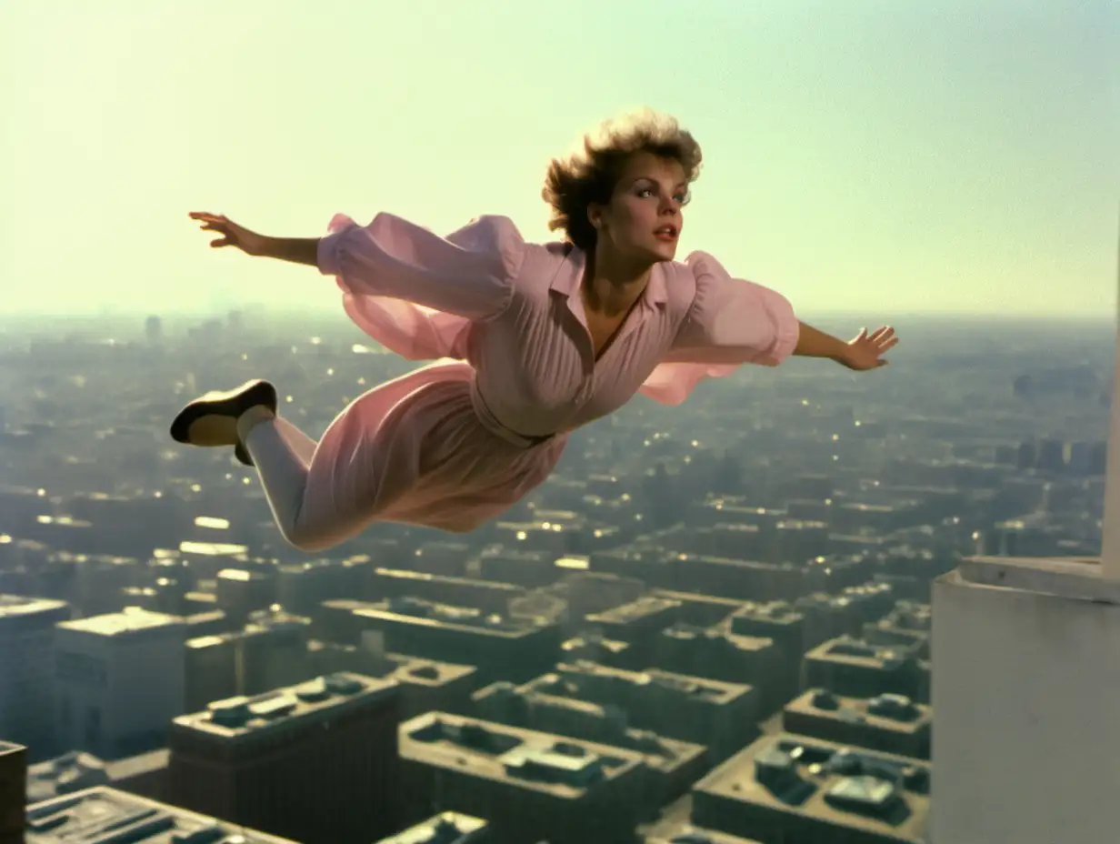Dreamy Film Still Person Flying Over City in 1985