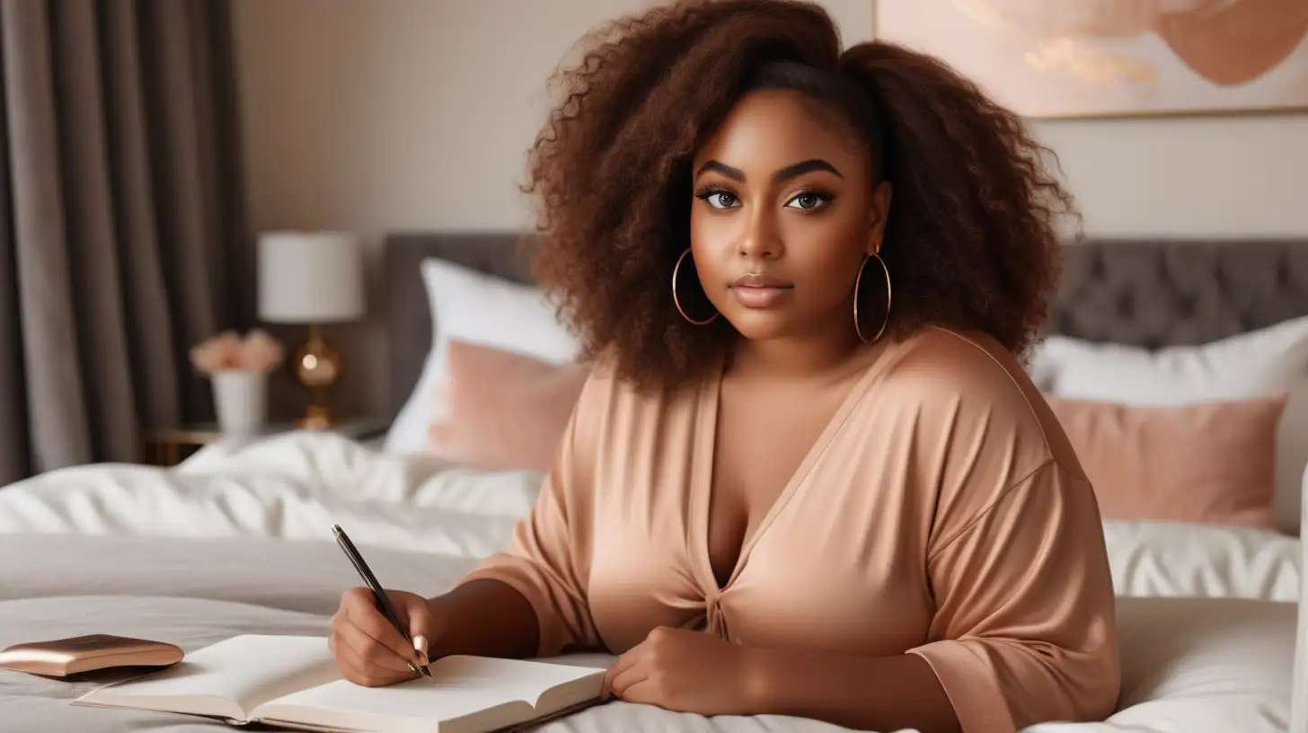 A beautiful, curvy, medium dark skin woman with large expressive eyes and long lush eyelashes giving a soft, engaging look.  Her hair is styled is short copper and natural.  She is wearing large hoop earrings, which ad a touch of elegance to her cozy attire. The woman is clad in Fashion loungewear.  She is sitting in a luxury bedroom on her bed with a journal in her lap and pin her hand, writing her goals for 2024..