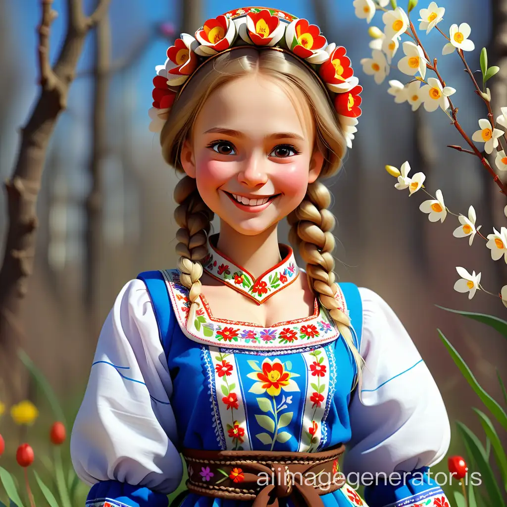spring girl in Russian folk costume, kind face, smile, waist-length body, spring flowers