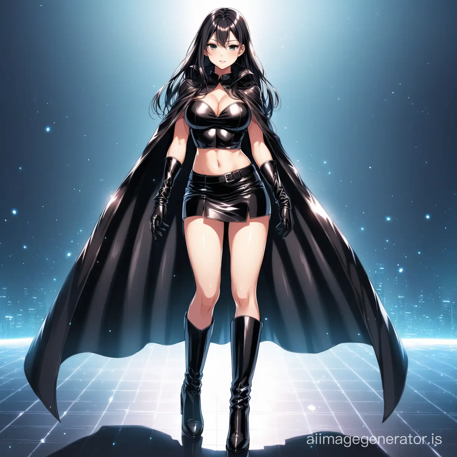 hot anime girl in an attractive black leather dress wearing a croptop, formal skirt, a pair of long leather gloves, a pair of long leather boots and a cape