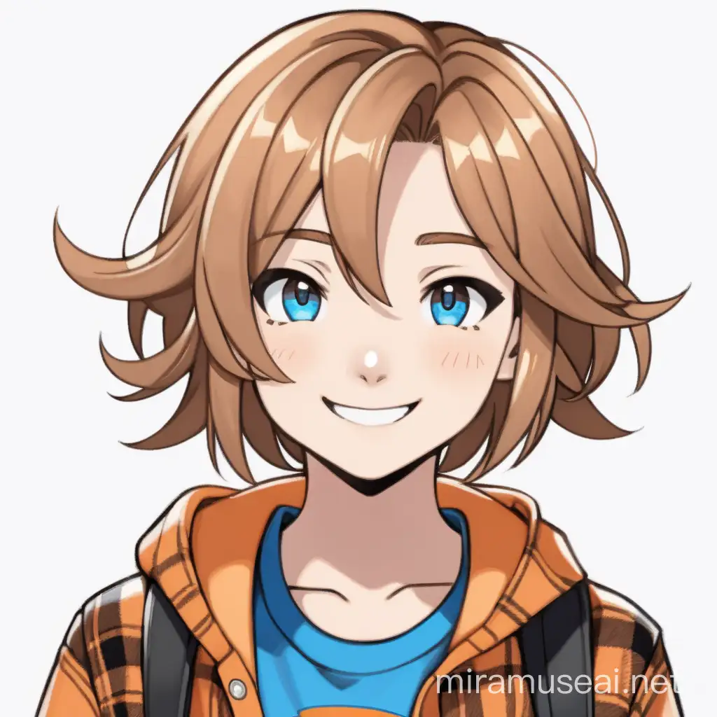 pokemon-style teenage girl, an orange flannel shirt, black undershirt, blue eyes, light brown hair, short wavy hair, smiling, facing forward, front view 2d,  straight-on