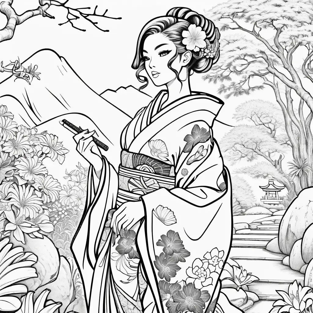 Coloring book image. Black and white. Outline only. Highly detailed. Clean and clear outlines that allow for easy coloring. Ensure the design provides ample space for creativity and coloring. High fashion high fantasy woman with hands inside sleeves wearing a bold, modern interpretation of a traditional kimono, featuring vibrant colors and contemporary silhouettes, posing in a lush, Japanese-inspired garden.