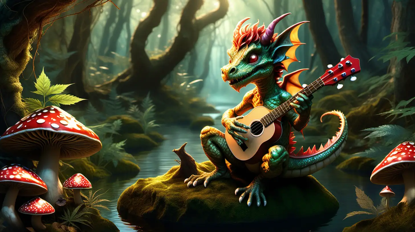 high resolution,intricate fantasy art, a cute anthropomorphic dragon boy in a foilage loincloth sits on a mushroom cap playing a ukulele for fantasy creatures and wildlife, cute, enchanted forest, cannabis, mushrooms, captivating, alluring, fantasy lighting, joyful atmospere