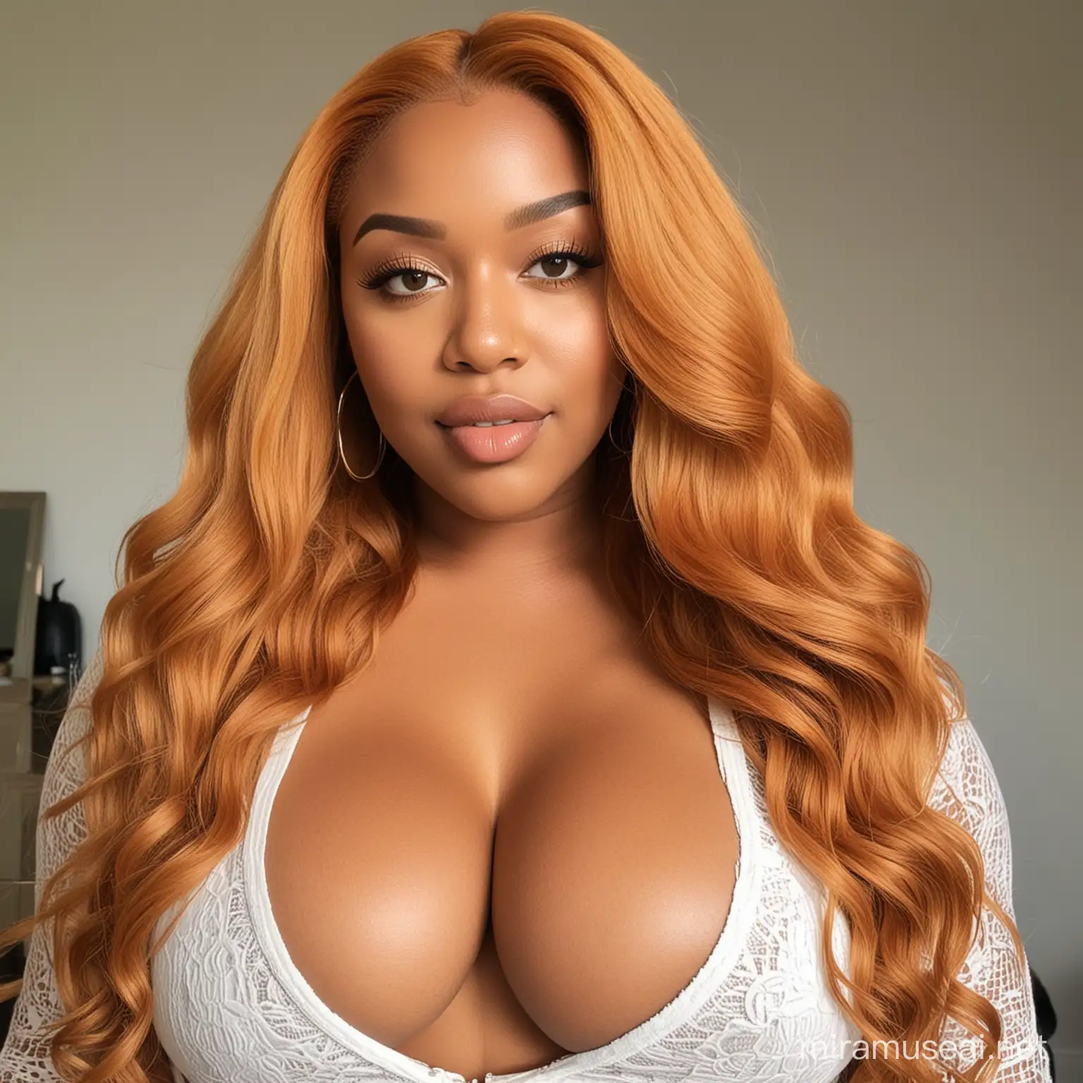 Image prompt/: generate pictures full body of a light skinned south african curvy, thick girl that looks like me, with a straight ginger hd lace front weave, thirst trap