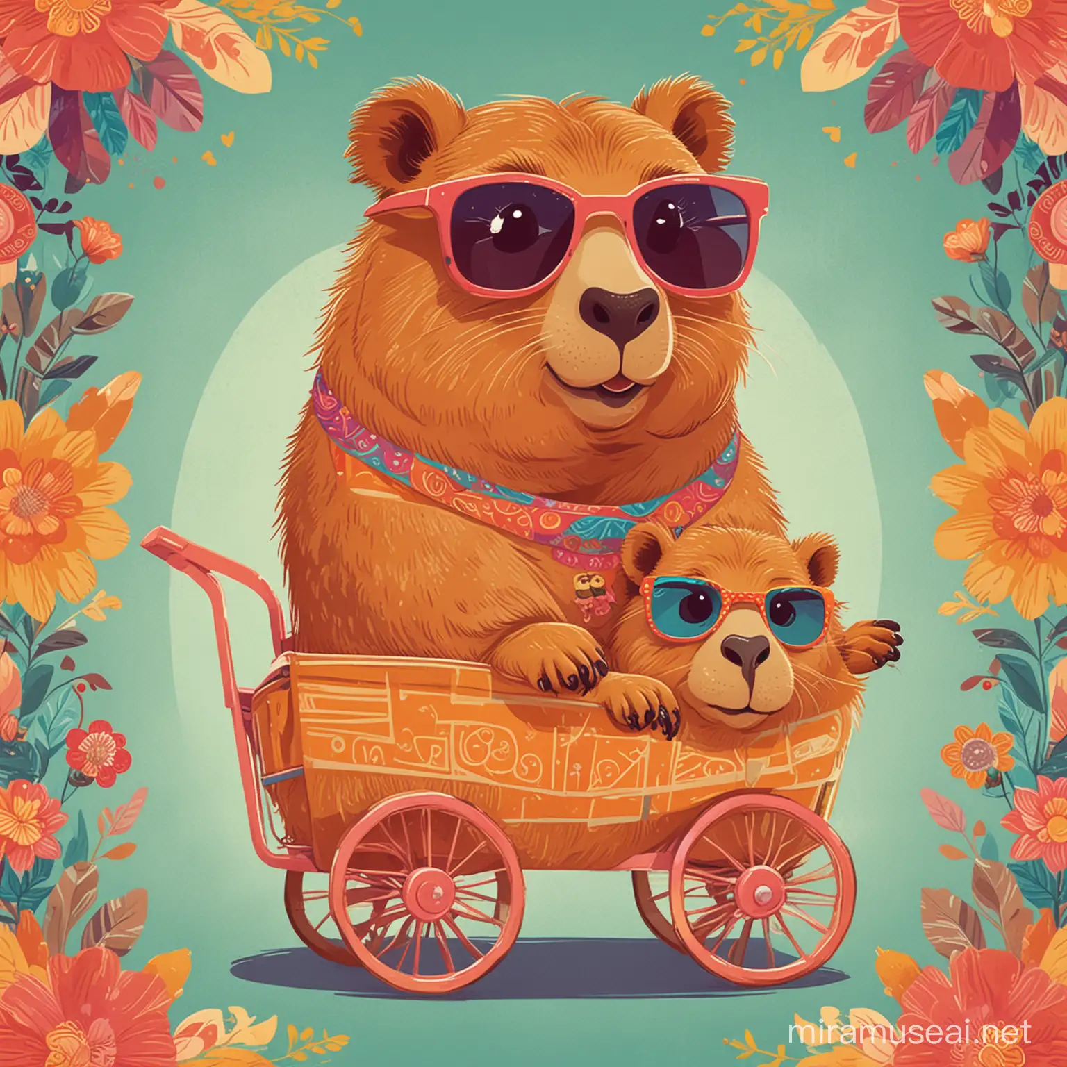 A delightful retro-inspired vector illustration featuring a loving capybara mommy and her adorable baby. They are both portrayed with a groovy vibe, wearing sunglasses and smiling. The mommy capybara pushes a quirky, colorful cart with the baby sitting inside. The background is a vibrant, patterned design with a sense of nostalgia and fun.