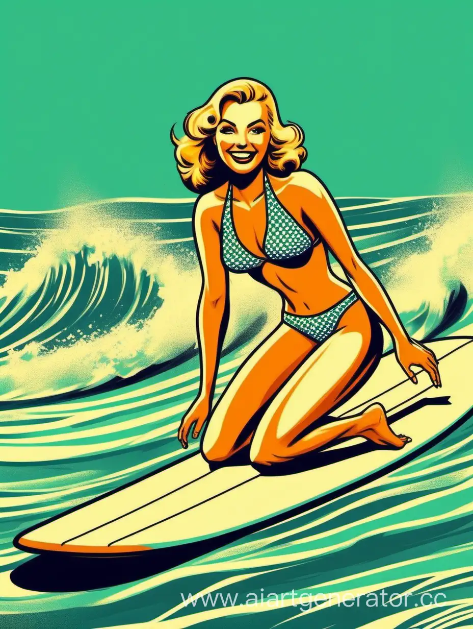Красивая ретро-девушка, в купальнике на серфе мчится по волнам и улыбается в стиле ретро
