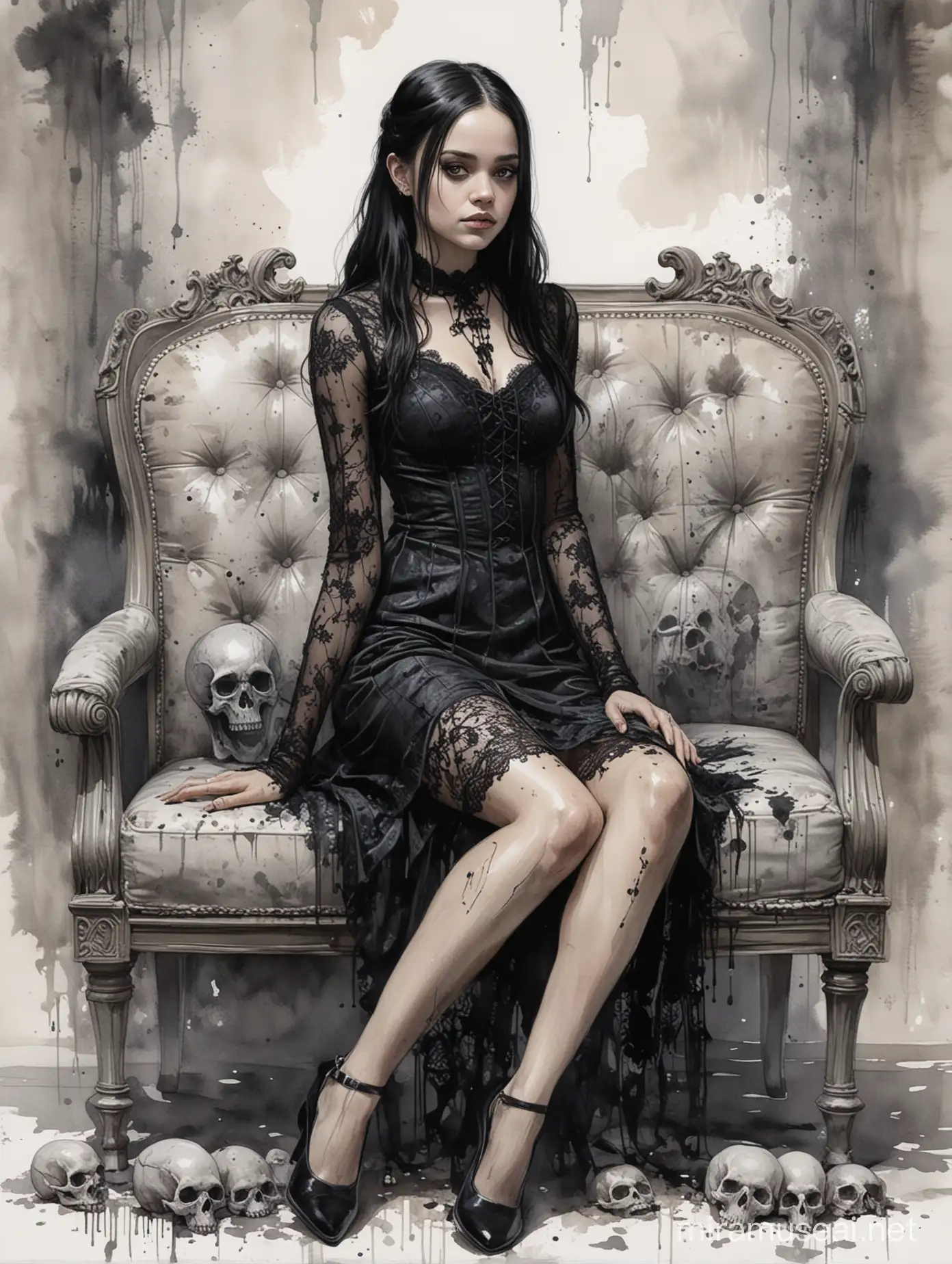 Alex Maleev illustration depicting sultry Jenna Ortega as Wednesday Addams wearing gothic lace dress, sitting on a rotting couch with skulls, white background, messy watercolor, very delicate and thin lines, no distortion, gray palette, insanely high detail, very high quality
