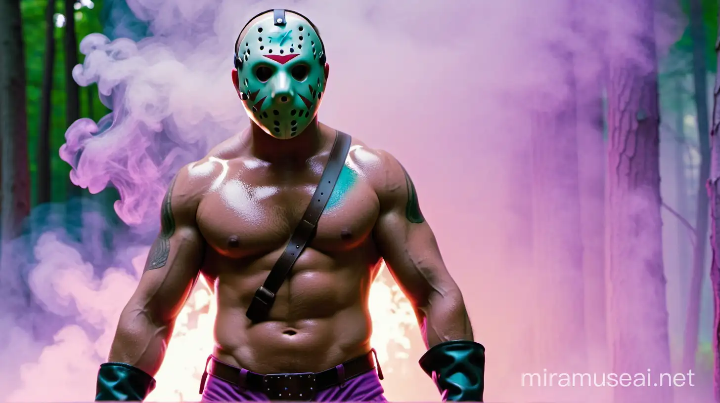 Sexy male gay hunky Jason Voorhees, wearing only rags, muscualr, buff, beefy, big butt, detailed, HD 4K, cinematic, cyan and purple smoke, camp, scary movie vibe, 1980's.