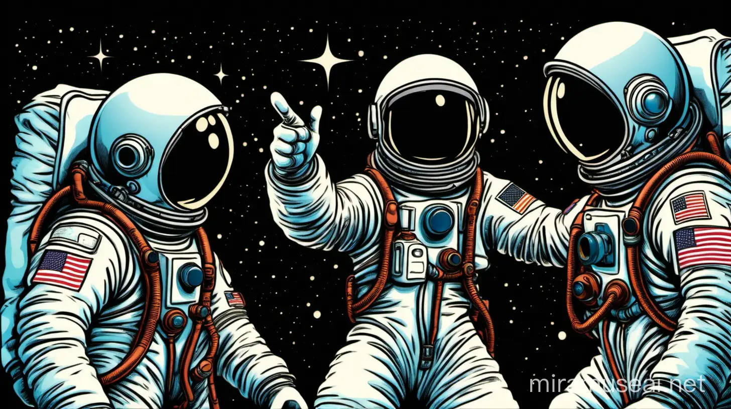 Cartoon of 3 Astronauts, with no face illuminated, pointing at each other with a dark background in color
