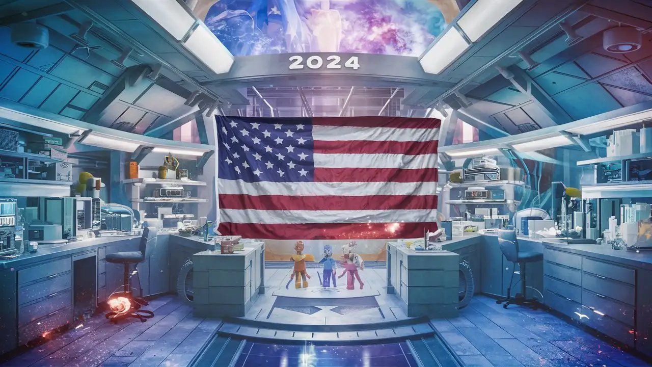 wide background. no people. lab.  clinical laboratory improvement. technology. futuristic. creative. fun. fantasy. magical. GOD. HEAVEN. SUPER HERO LAB. real USA flag. very detailed. lab. 2024.