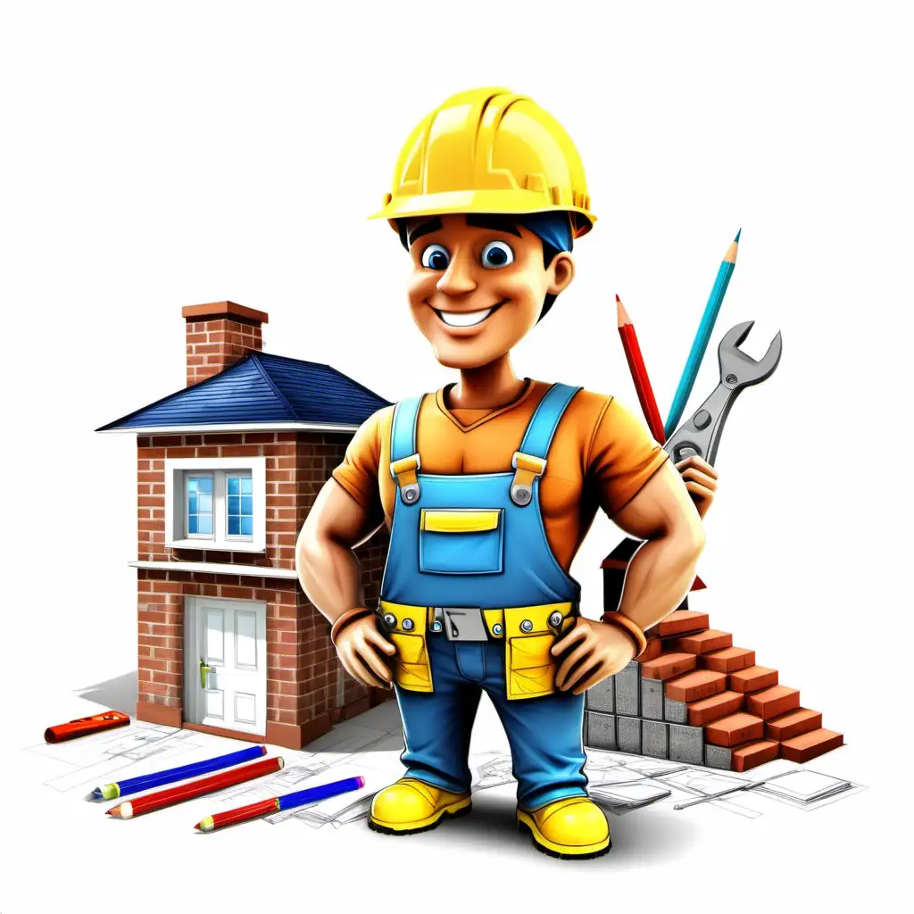 Cheerful Cartoon Builder with Building Tools and Drawings on White Background