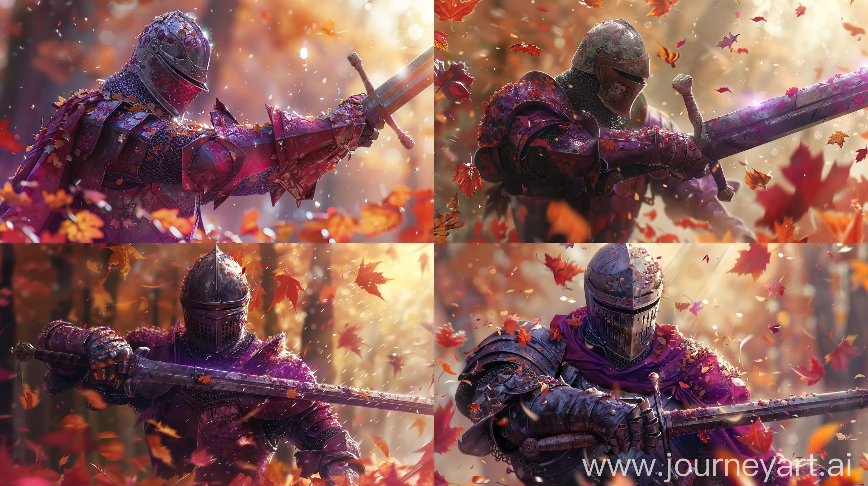 a digital art drawing of a medieval knight wielding a one-handed sword in front of him, Red and purple detailed armor, Falling autumn leaves in the style of digital realism, hyper-detailed armor, Dark Souls, bright light  background, 4k wallpaper, 8k, cinematic, --v 6 --ar 16:9 --stylize 250