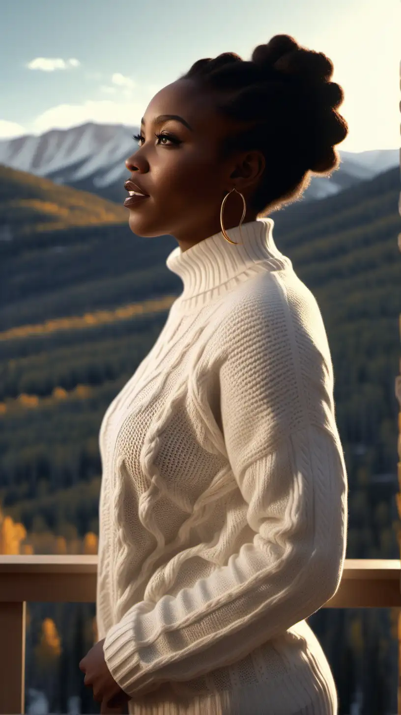 Beautiful Black woman, Wearing long, white, cable knit sweater, standing on the balcony of Cabin, looking out into the distance, Colorado rocky mountains in the background, Golden time of day, Ultra 4k, 1080p resolution, hyper realistic, lighting is volumetric