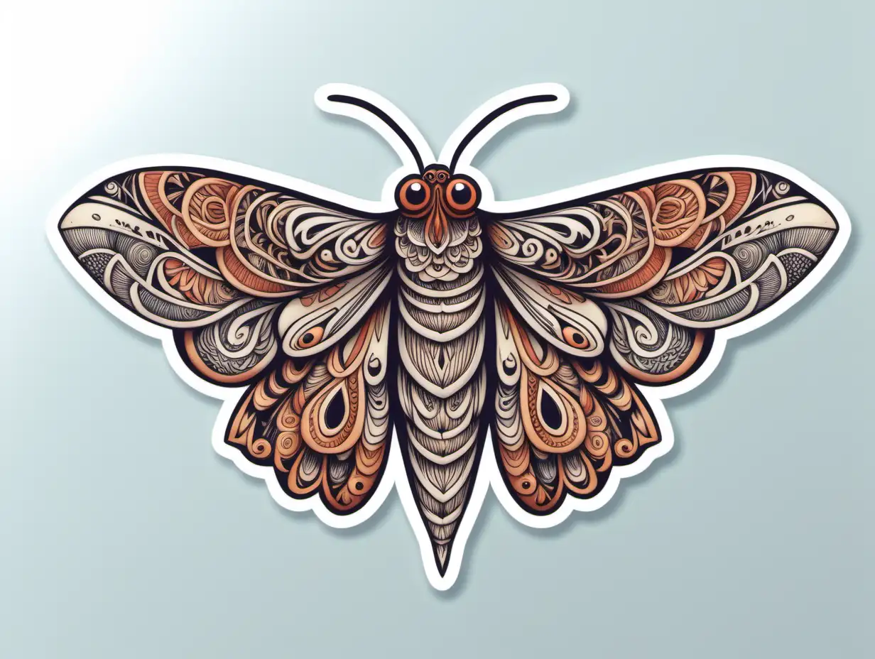 folk art illustration of a moth, zen tangle style, sticker, white background