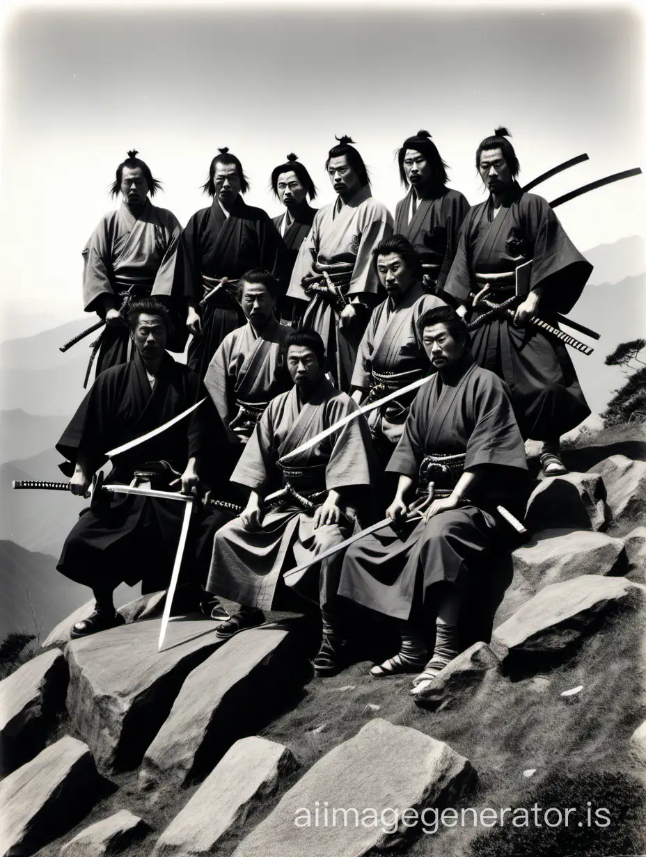 an old monochrome group photo of many Japanese samurai and ninja stylish pausing on view top of the mountain