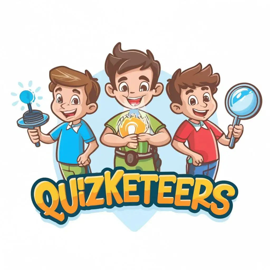 logo, 3 cartoon kids holding hourglass, magnifying glass, and flash light., with the text "quizketeers", typography, be used in Entertainment industry