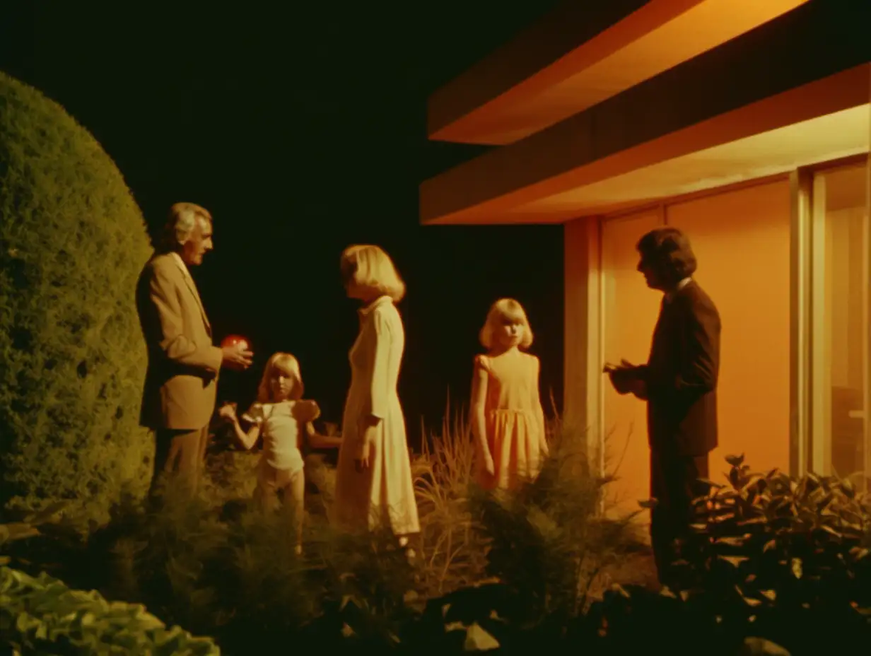 footage from 1975 sci-fi film, brutalist, garden scene, orange lit, family