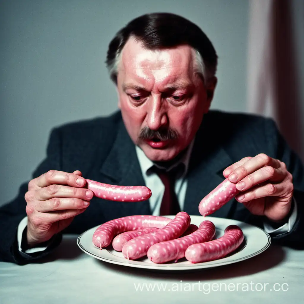 советский мужчина ест розовые сосиски из тарелки, в тарелке только розовые сосиски