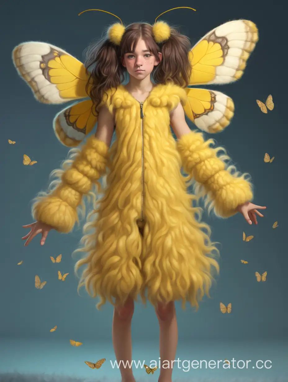 humanization teenager girl with yellow fluffy Moth, has wool on the body with four arms, full height