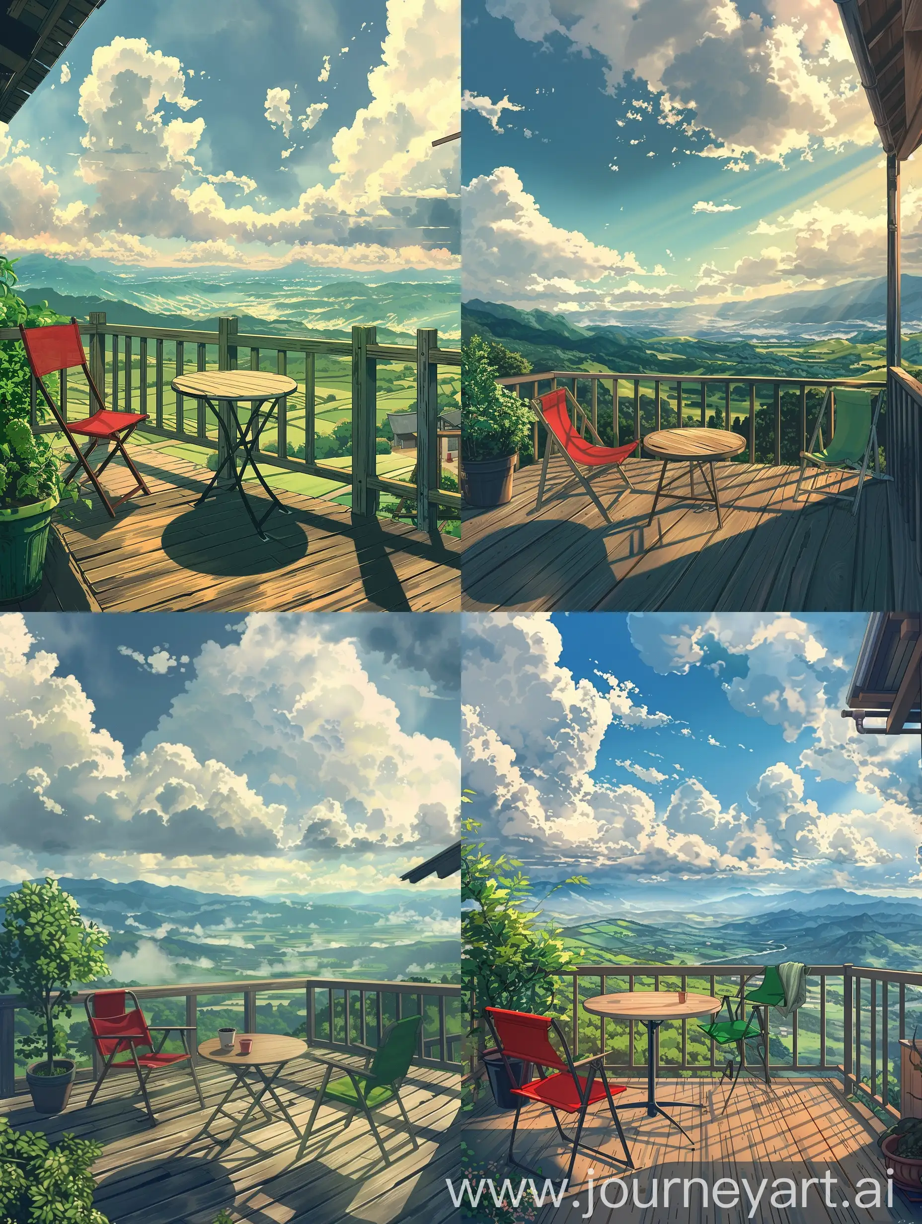 Beautiful anime style,Makato shinkai style and a mix of Studio Ghibli 1.3 style, a tranquil scenery, featuring a wooden deck with a small, round table and two folding chairs, one red and one green, inviting relaxation. A potted plant adds a touch of greenery to the left side, complementing the vast, lush landscape that stretches out beyond the deck’s railing. Rolling hills undulate into the distance where mountains rise against a backdrop of soft clouds, while natural light enhances the scene, casting shadows and creating highlights that give depth to the view. To the right, a glimpse of another structure suggests this peaceful retreat is part of a larger haven, nestled within nature’s embrace,sky is beautiful,sky in the image conveys a sense of serenity and vastness. It’s depicted with soft, diffuse clouds that gently scatter the sunlight, creating a warm and inviting glow. The clouds’ subtle textures and the gradations of light suggest a calm, peaceful day, with the sky’s expanse adding to the overall tranquility of the scene. This atmospheric quality enhances the idyllic nature of the landscape, suggesting an ideal setting for quiet contemplation or a leisurely escape from the bustle of daily life.
