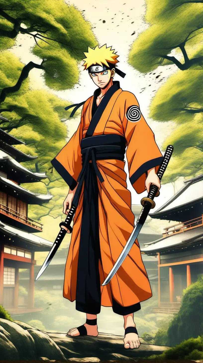 Naruto Uzumaki, samurai, dressed in a traditional Japanese dress, flowy, Orange with black inserts and motifs, He performs fighting moves with an authentic katana, The setting is dreamy, with lush greenery in an old Japanese temple, Aerial panorama