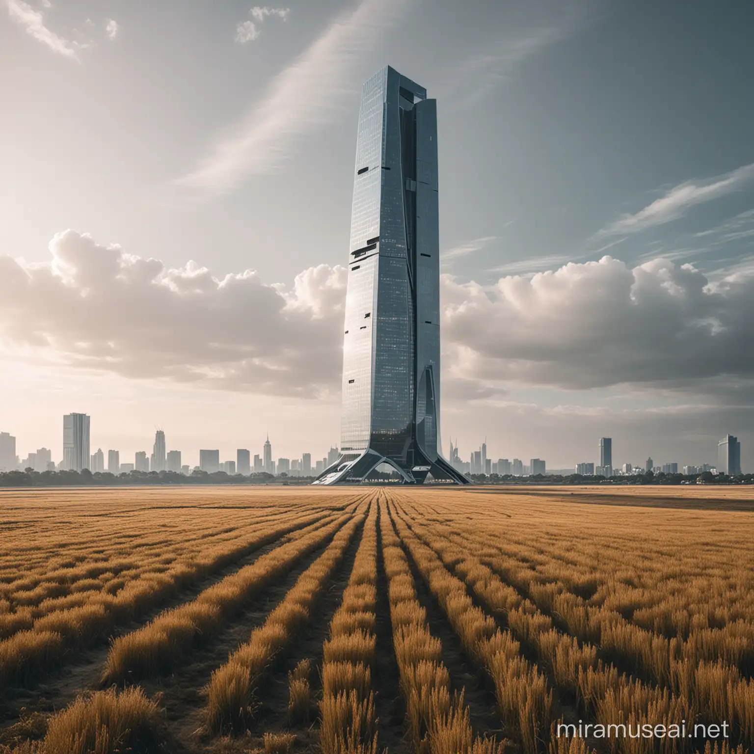 A futuristic skyscraper in a empty field