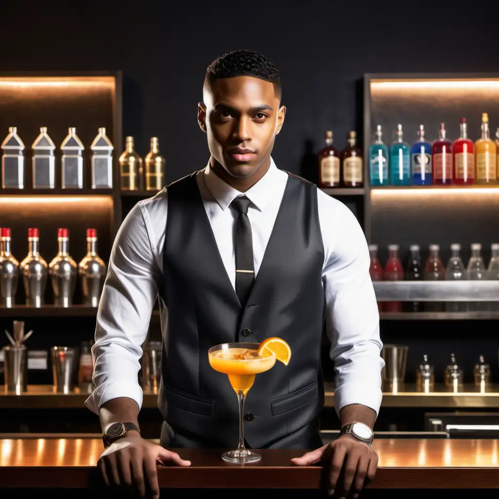 photo of a millennial, handsome attractive light skinned black man with low haircut, wearing street clothes, standing behind a bar with cocktail making products, facing towards the bar with back turned, symmetrical, studio lighting --ar 2:3