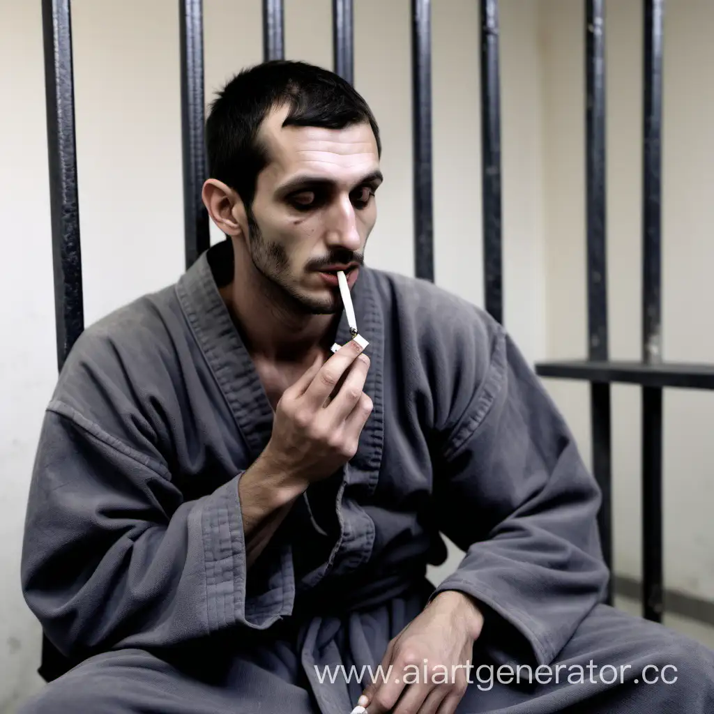 Мужчина лет 30, с греческим носом, с щетиной на лице, худощавого телосложения,  в тюремной робе, сидит на тюремных нарах и курит сигарету.