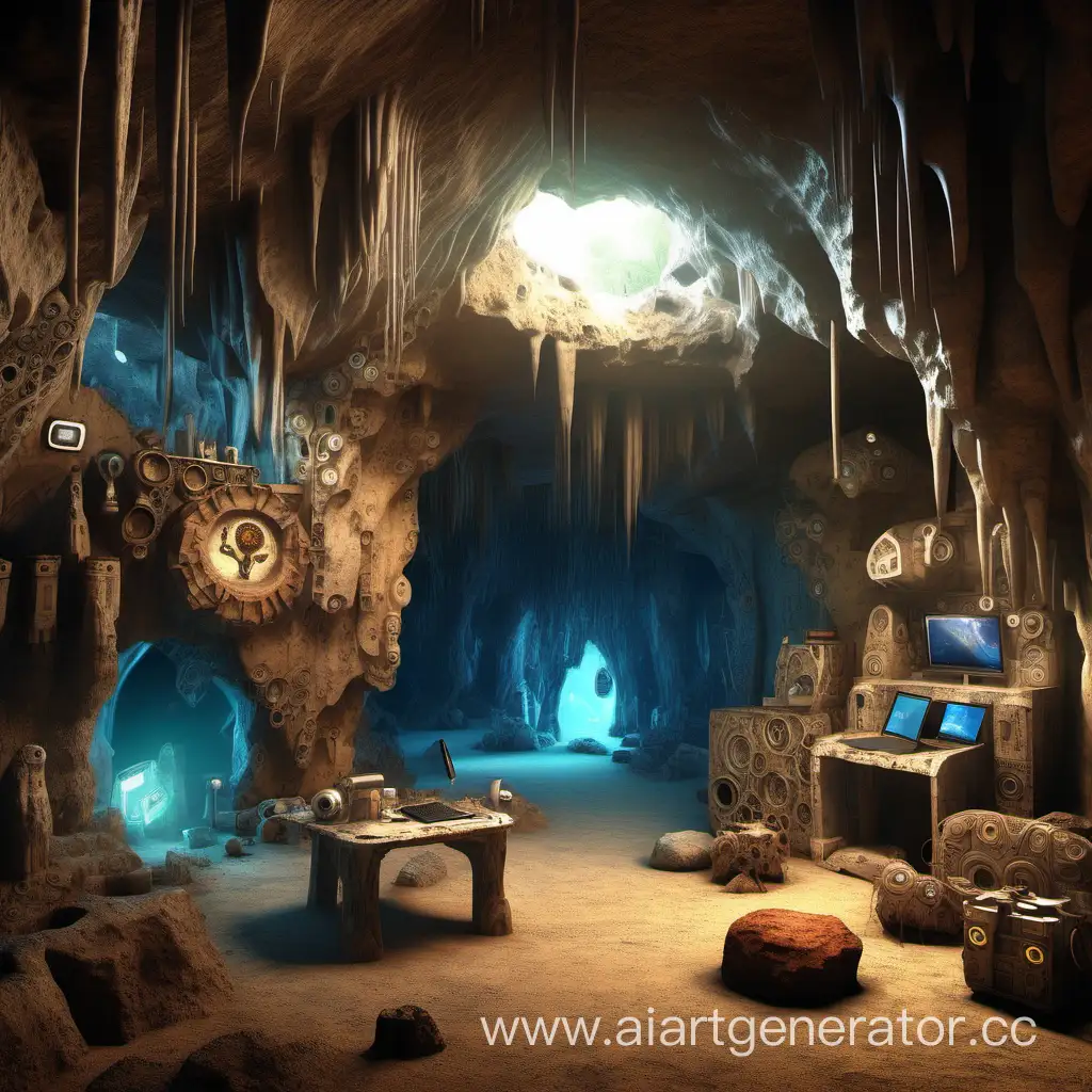 Пещера с различными технологиями встроенными в стены, фантастика