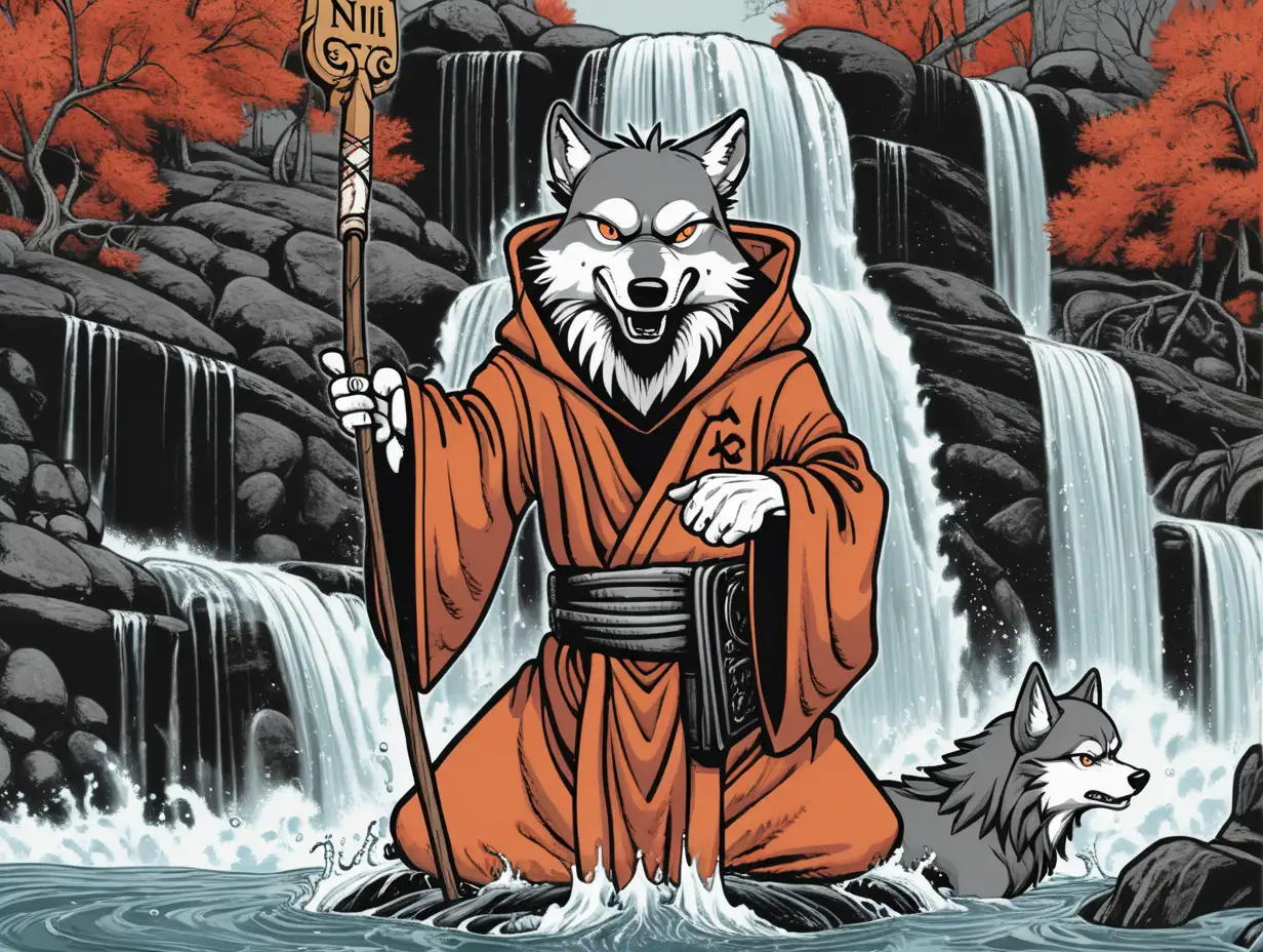 Anthropomorphic wolves dressed as monks dedicate a wolf in rocker clothes to wars. At the waterfall , a wolf stands waist-deep in water . A black waterfall is pouring down on him horror in the style of light red and dark amber, clear illustrations in the style of neo-pop, graphics, pop art style, southern Gothic —ar 4:5 —niji 5: