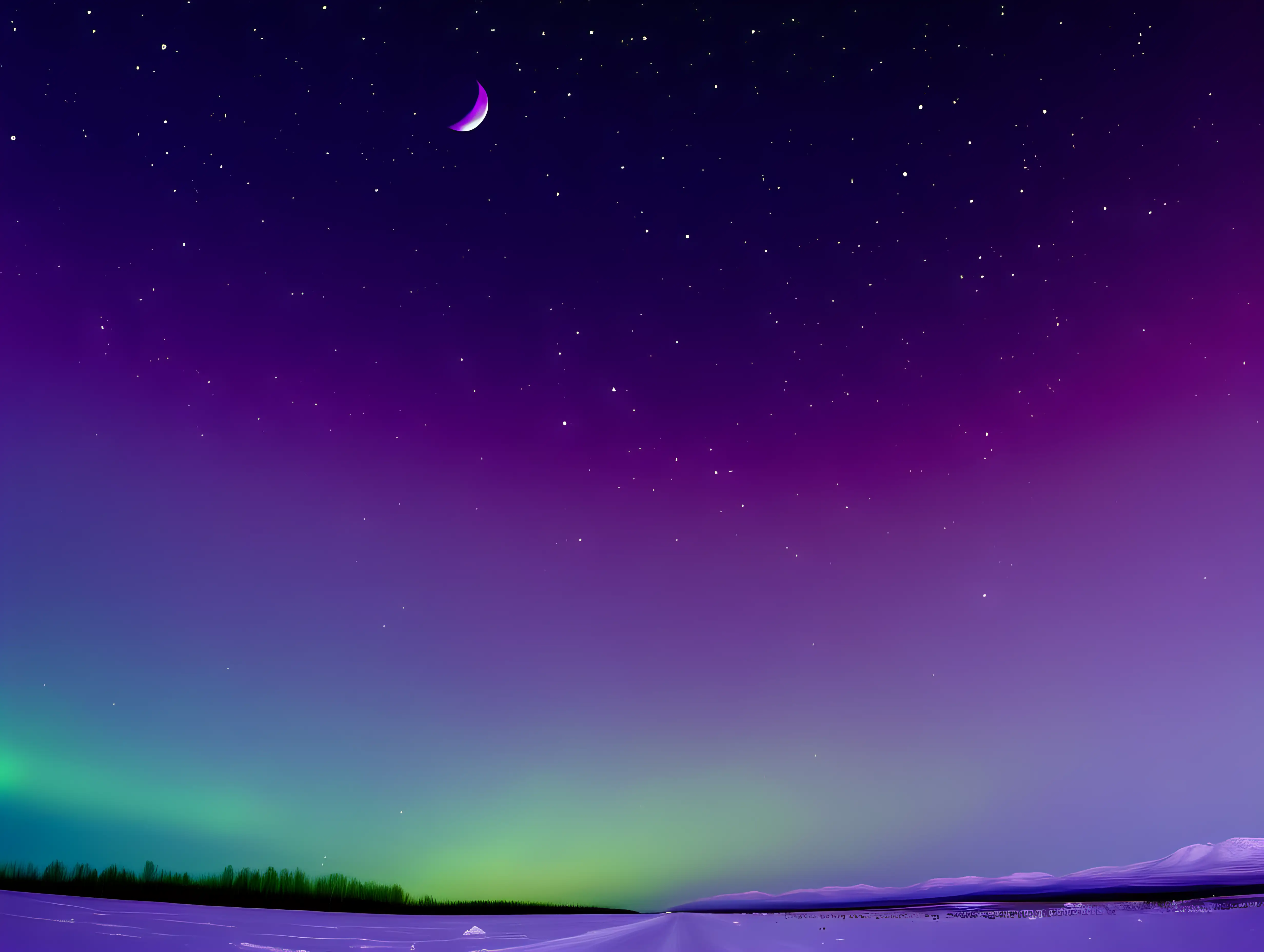 northern light skies, purples and green and light yellow and light fuscia only, with a lot of stars, and a full moon, sky only, flat horizon, no ground, no mountains, no snow, no trees, no trees, no mountains, no earth, only sky