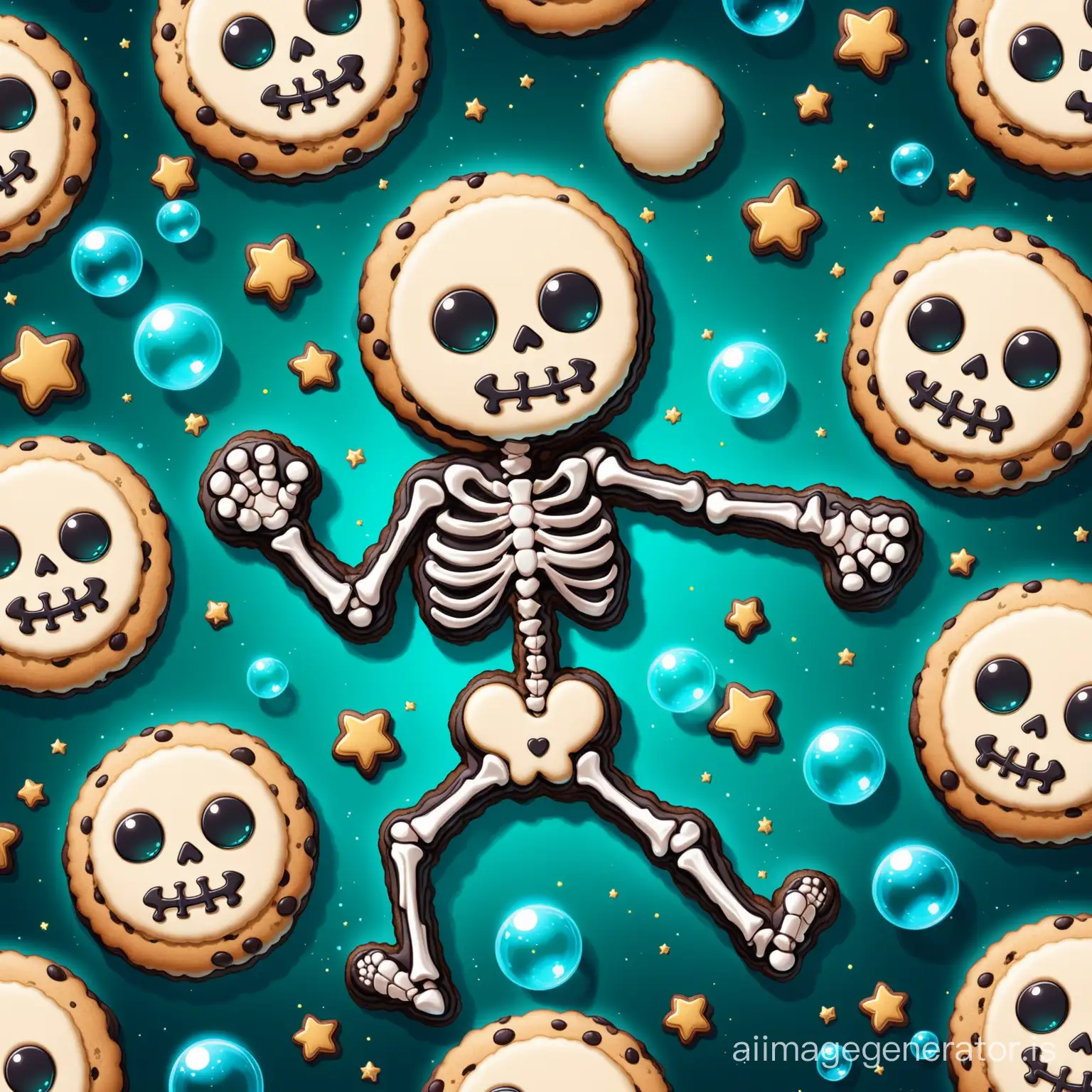 A little black happy cute skeleton cookie with green eye and smile flying on the cookie jungle with super detail and High Quality
big and blue Bubble and floating cookie are seen everywhere
Details are evident beautifully and with great precision
